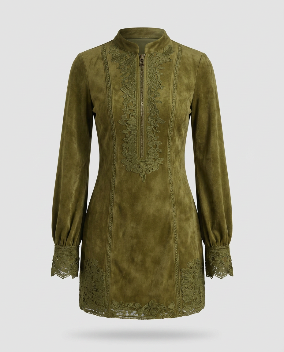 BLUEVA-Vestido Vintage de ante con encaje