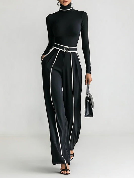 EMMA-Conjunto elegante de dos piezas con cuello alto y pantalón ancho