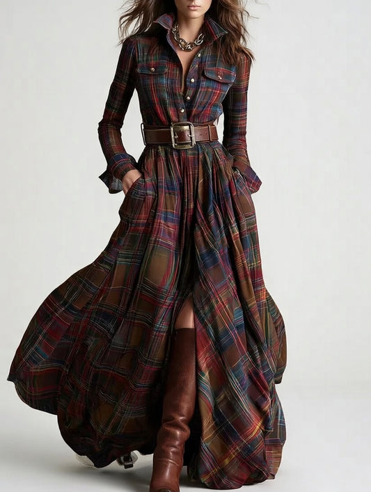 VERA-Vestido largo de cuadros con cinturón