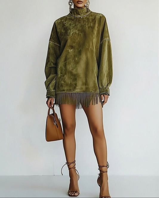 SIRA-Vestido de ante con cuello alto y flecos