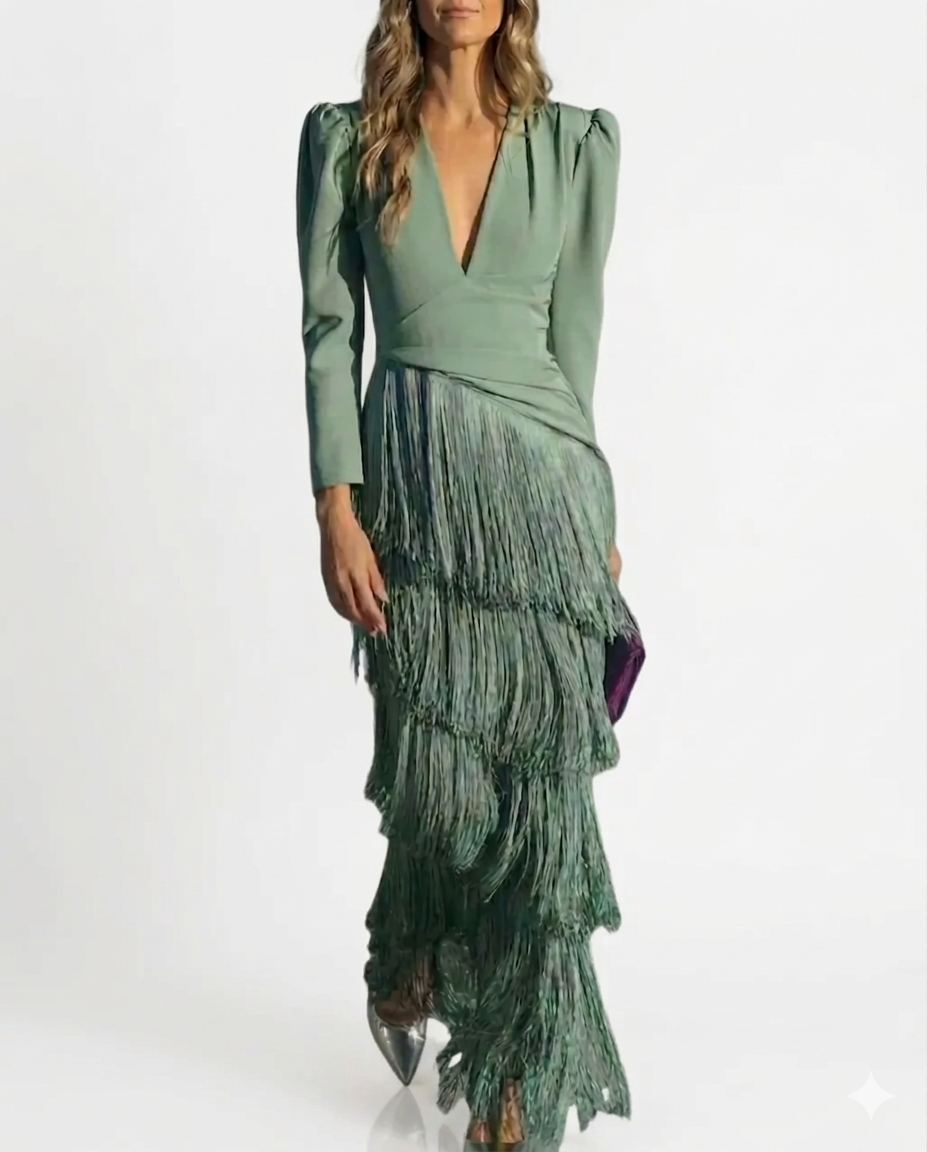 CLARA-Vestido elegante con mangas de flecos