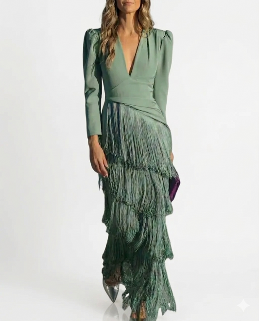 CLARA-Vestido elegante con mangas de flecos