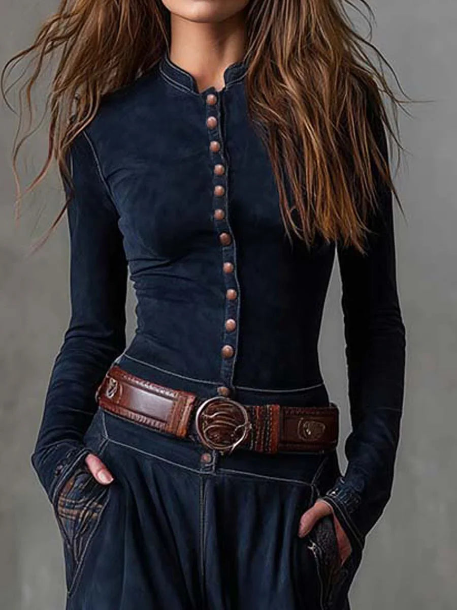 HELENA-Vestido Vintage de ante con cinturón