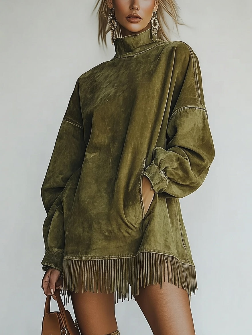 SIRA-Vestido de ante con cuello alto y flecos