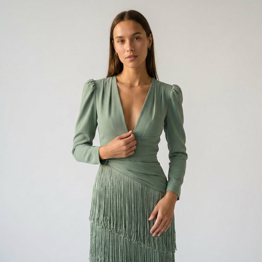 CLARA-Vestido elegante con mangas de flecos
