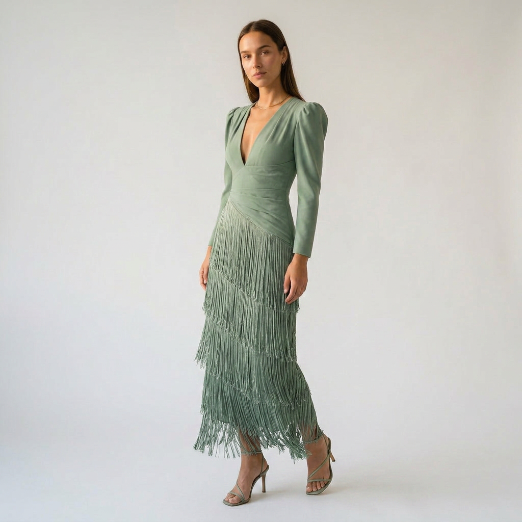 CLARA-Vestido elegante con mangas de flecos