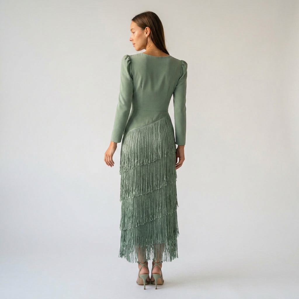 CLARA-Vestido elegante con mangas de flecos