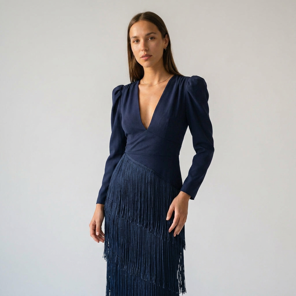 CLARA-Vestido elegante con mangas de flecos