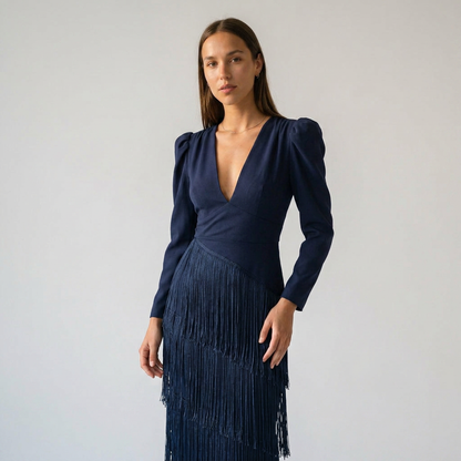 CLARA-Vestido elegante con mangas de flecos