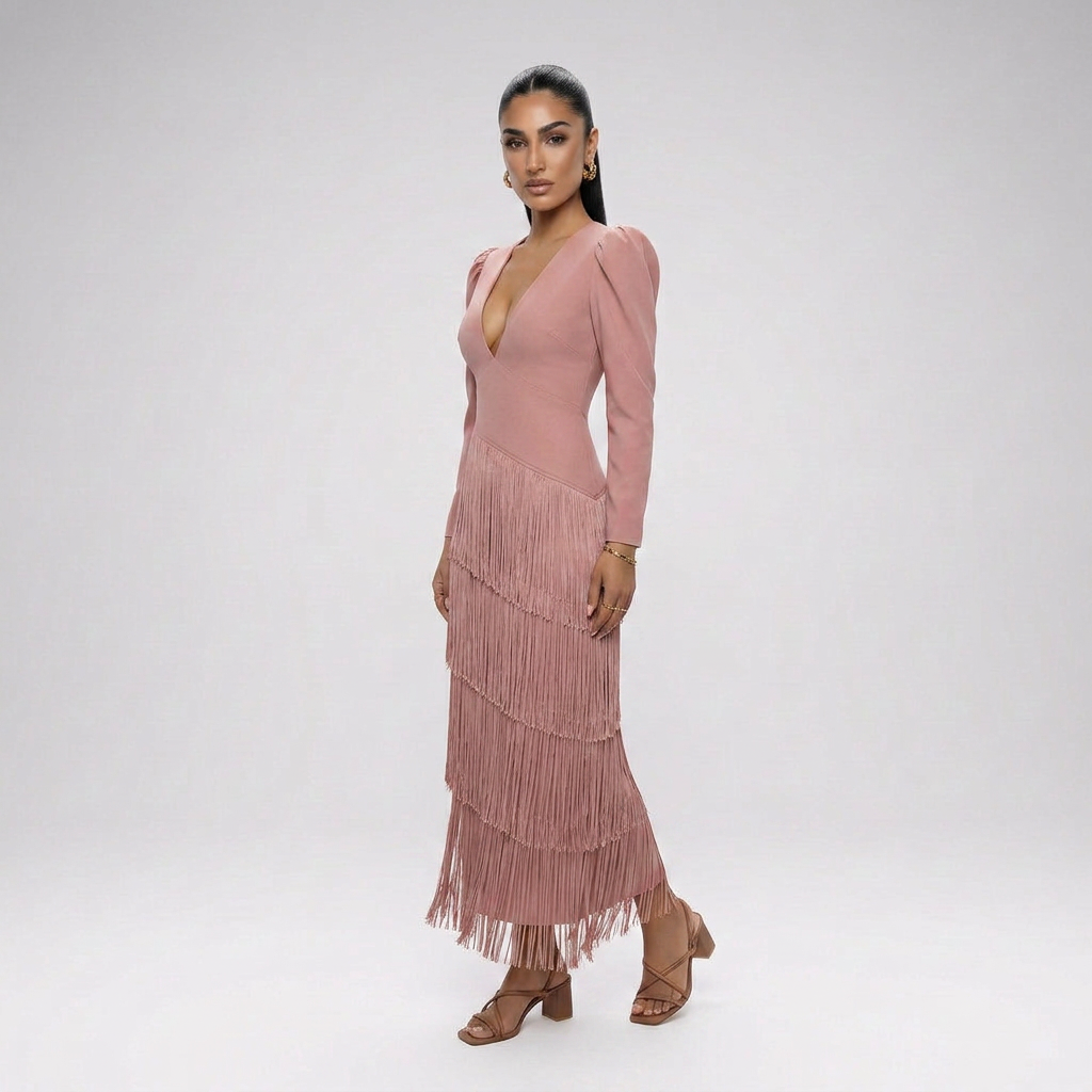 CLARA-Vestido elegante con mangas de flecos