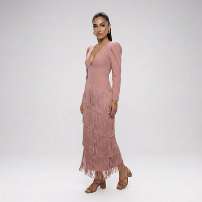 CLARA-Vestido elegante con mangas de flecos