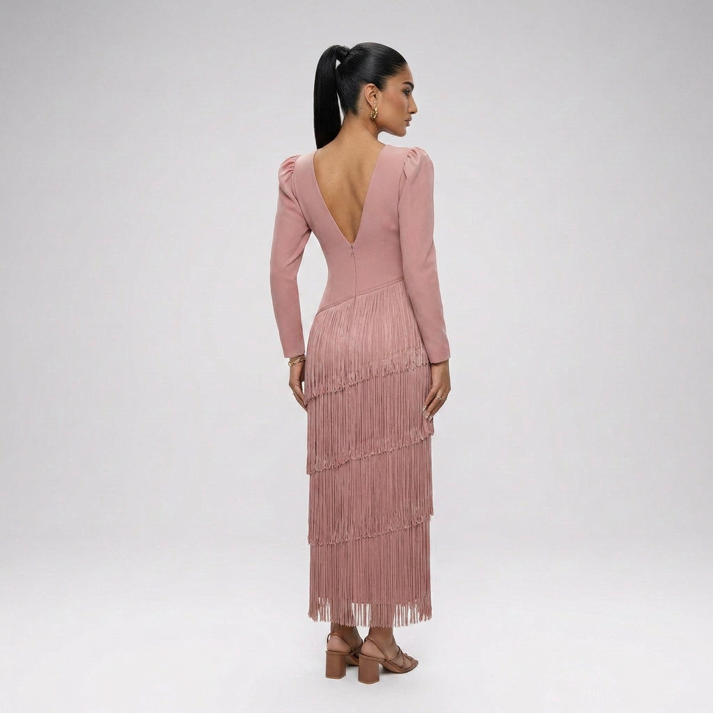 CLARA-Vestido elegante con mangas de flecos