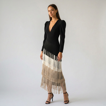CLARA-Vestido elegante con mangas de flecos