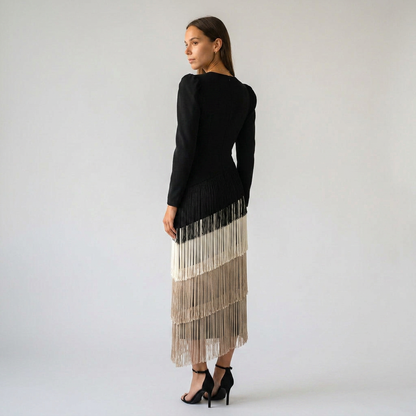 CLARA-Vestido elegante con mangas de flecos