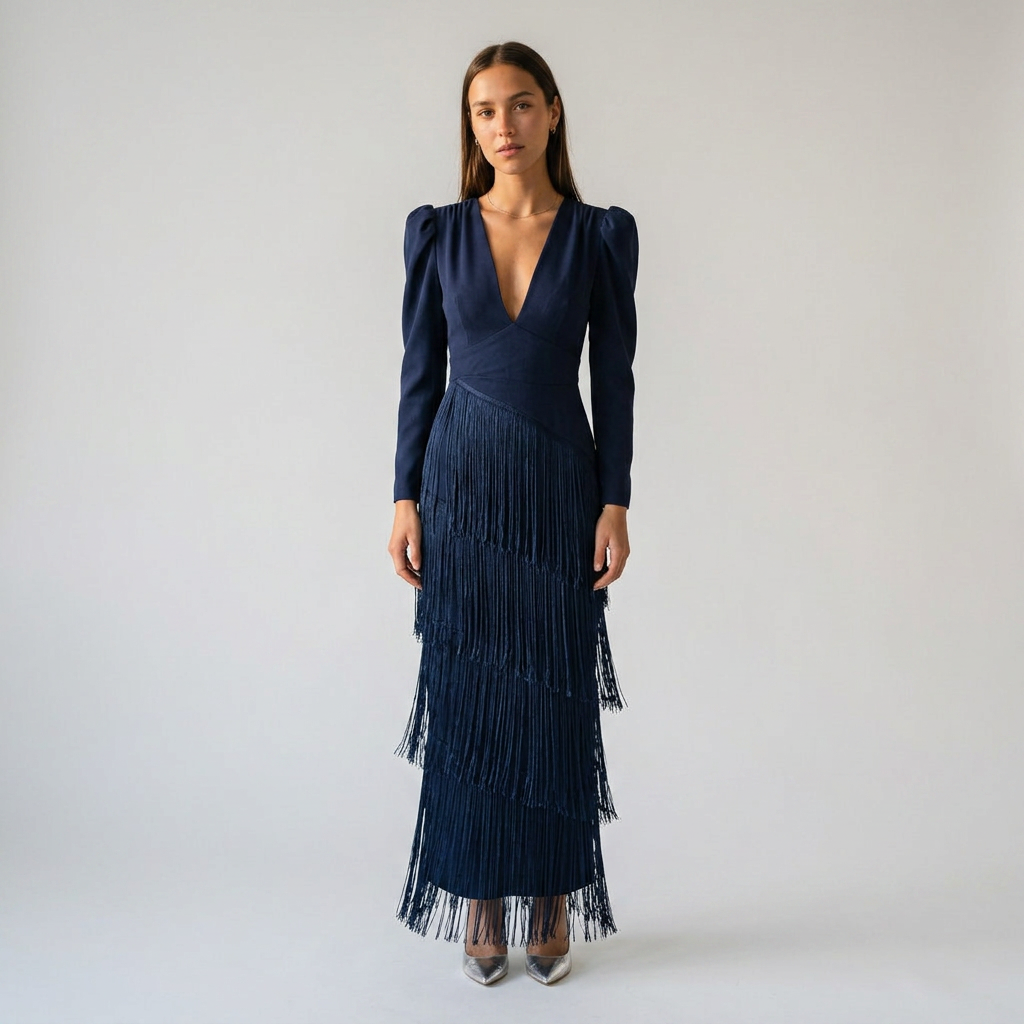 CLARA-Vestido elegante con mangas de flecos