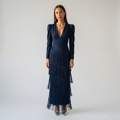 CLARA-Vestido elegante con mangas de flecos