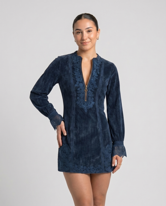 BLUEVA-Vestido Vintage de ante con encaje