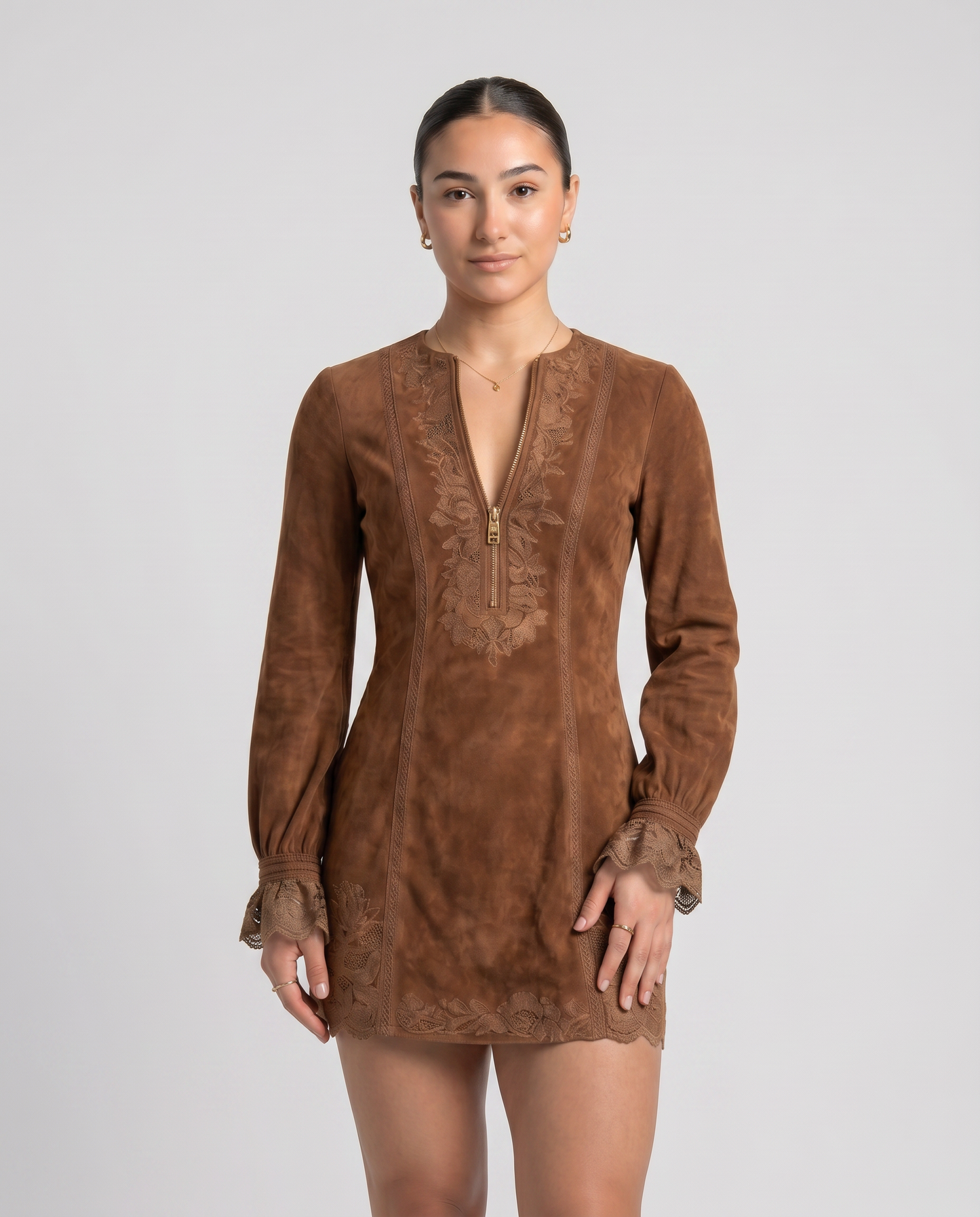 BLUEVA-Vestido Vintage de ante con encaje