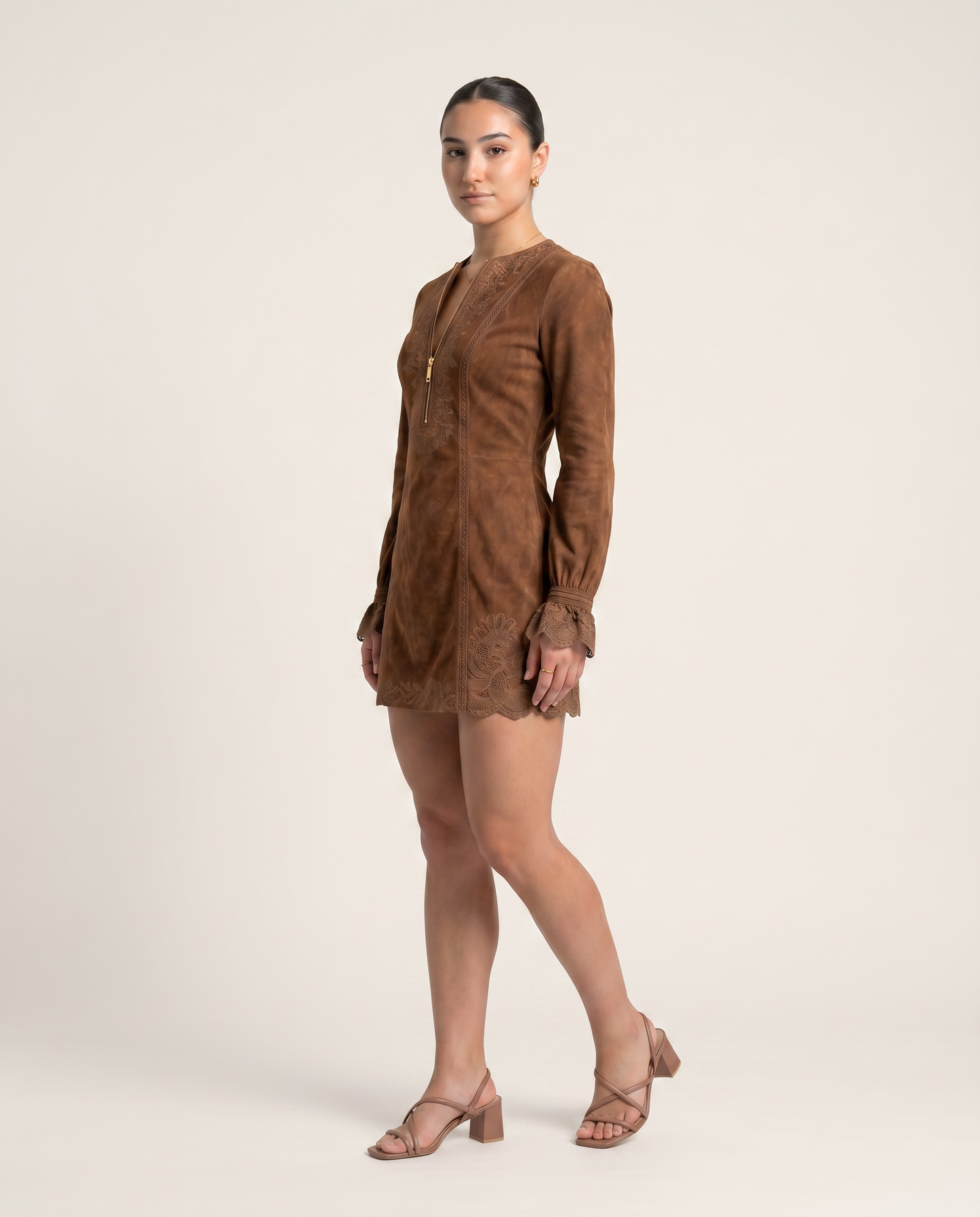 BLUEVA-Vestido Vintage de ante con encaje