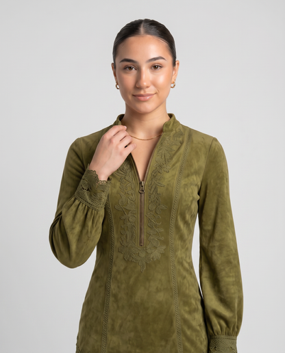 BLUEVA-Vestido Vintage de ante con encaje