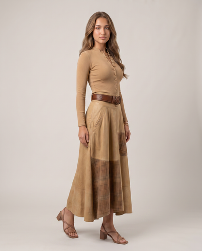 HELENA-Vestido Vintage de ante con cinturón