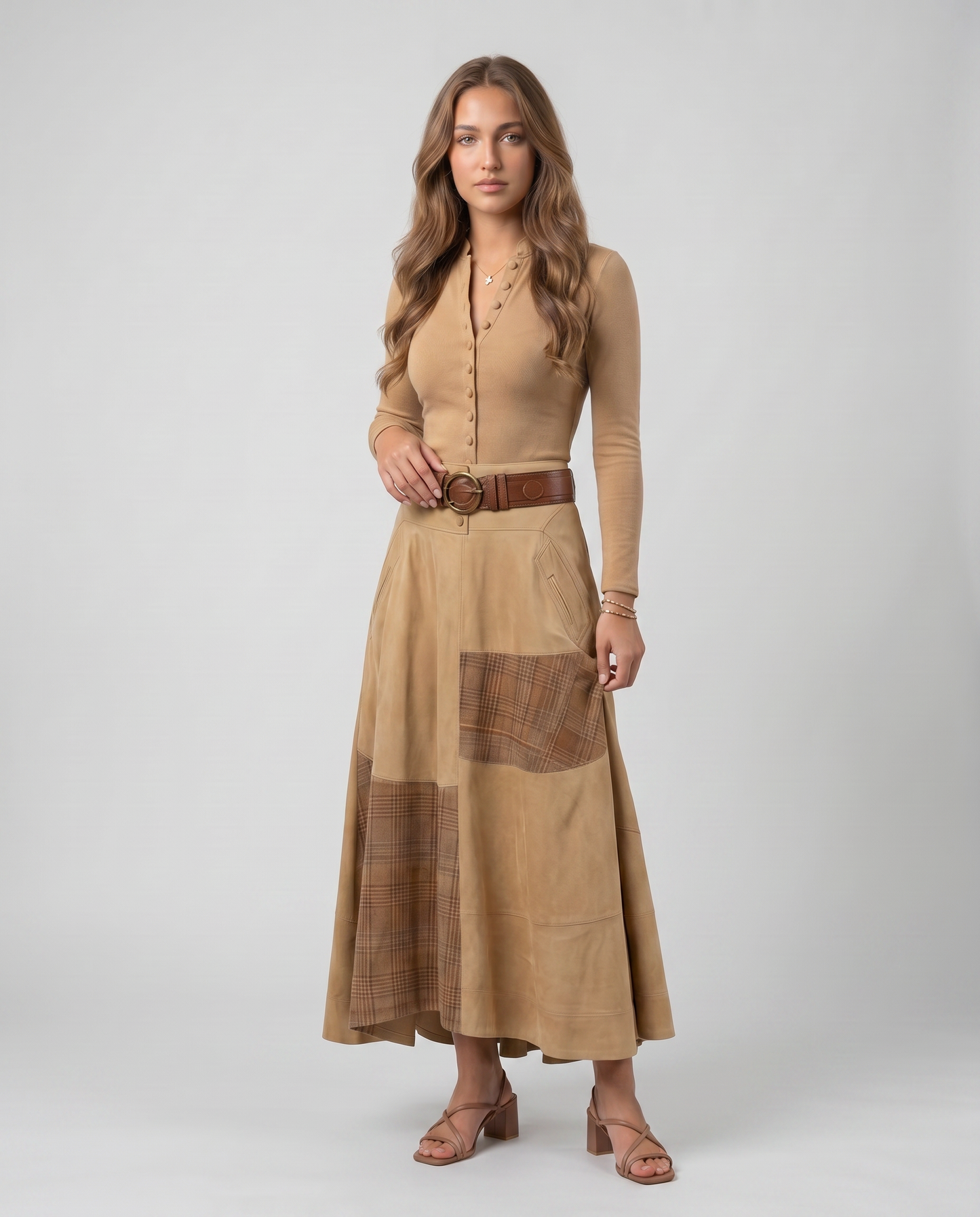 HELENA-Vestido Vintage de ante con cinturón