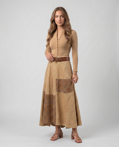 HELENA-Vestido Vintage de ante con cinturón