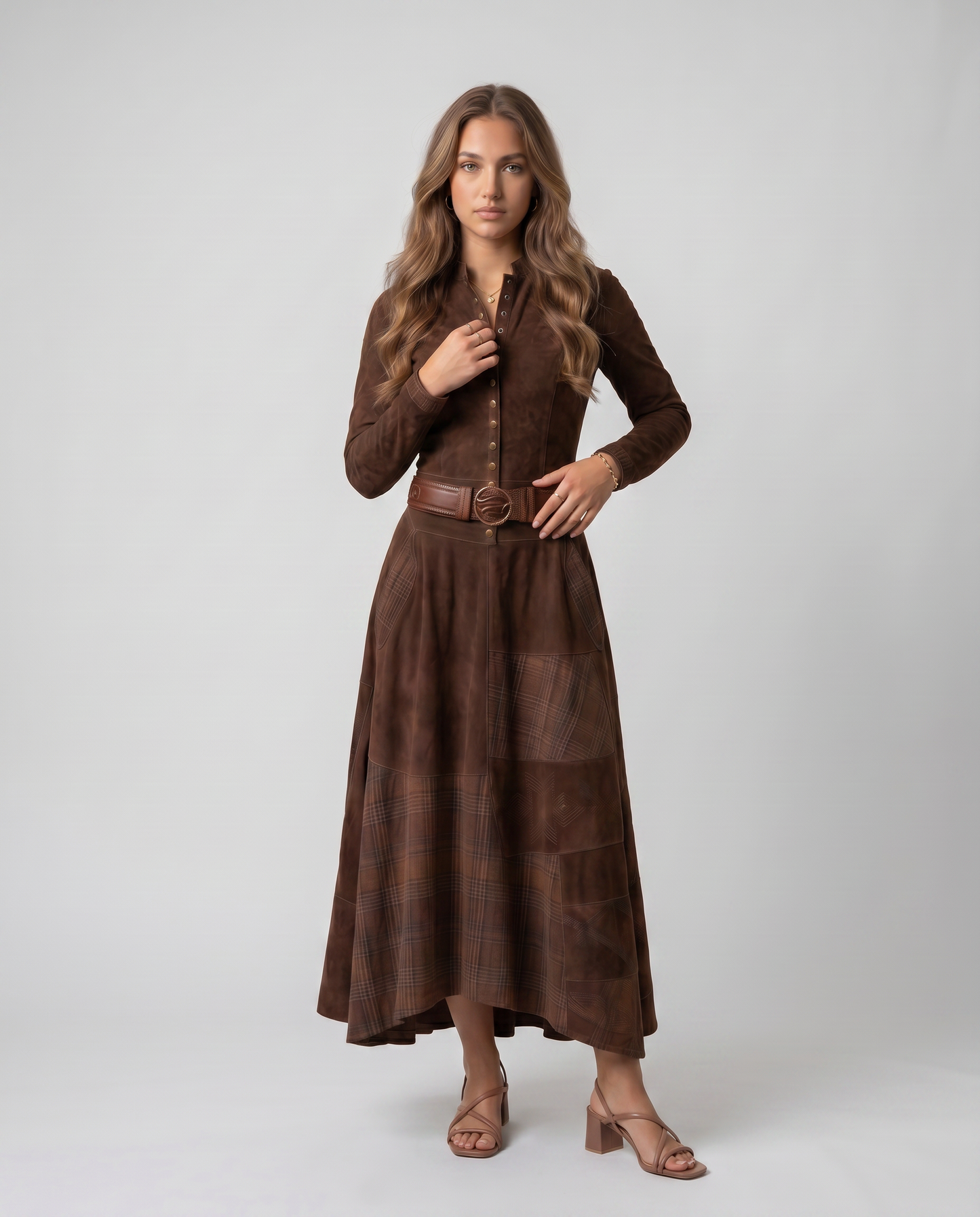 HELENA-Vestido Vintage de ante con cinturón