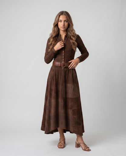 HELENA-Vestido Vintage de ante con cinturón