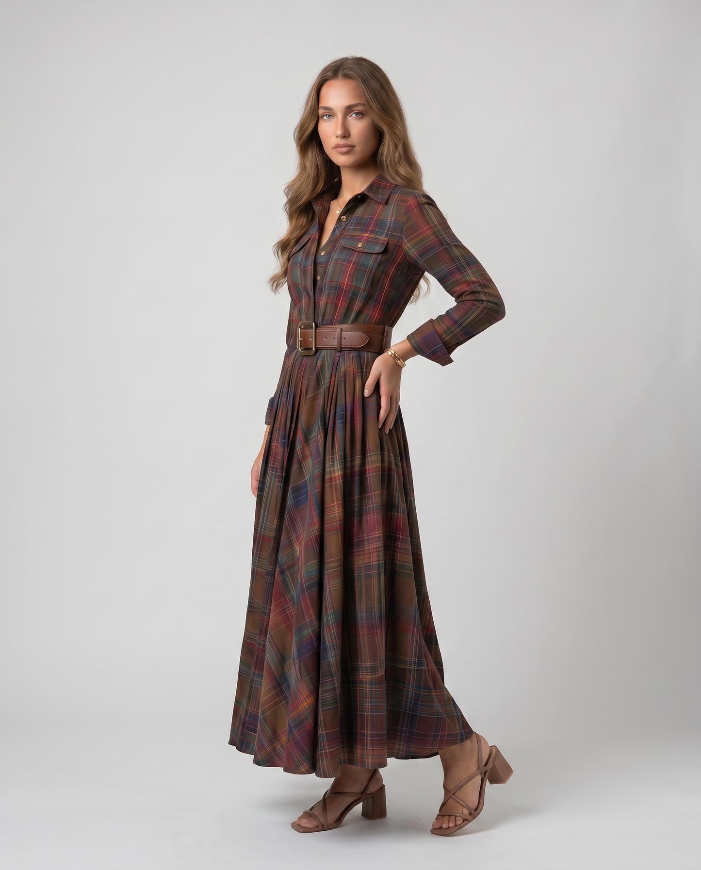 VERA-Vestido largo de cuadros con cinturón
