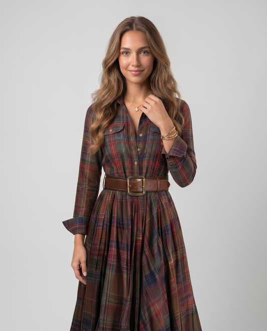 VERA-Vestido largo de cuadros con cinturón