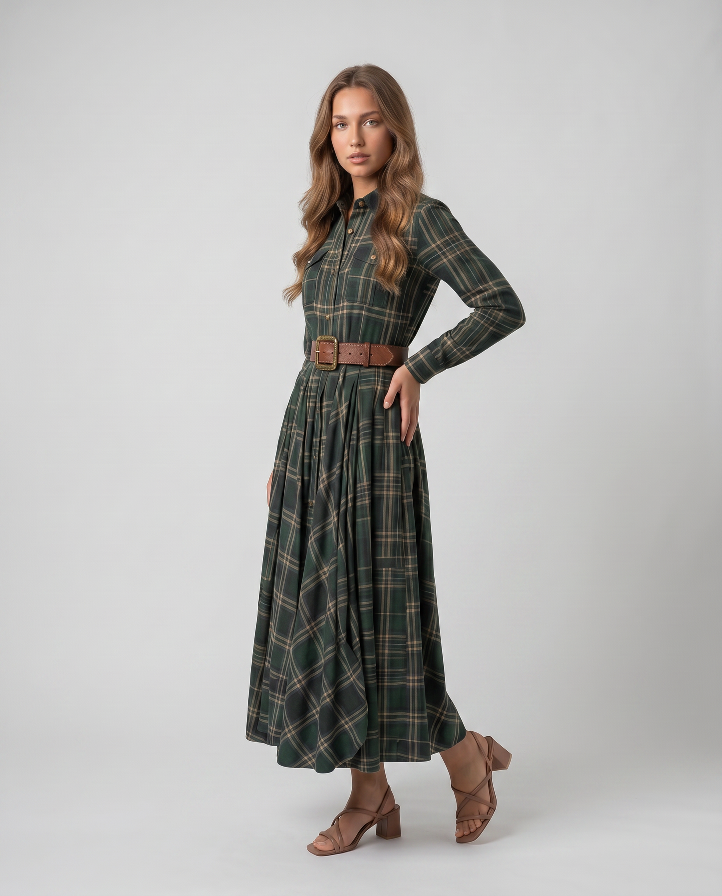 VERA-Vestido largo de cuadros con cinturón