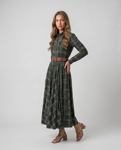 VERA-Vestido largo de cuadros con cinturón