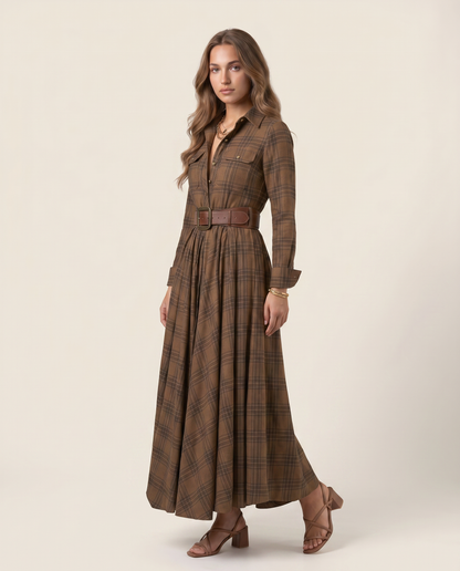 VERA-Vestido largo de cuadros con cinturón