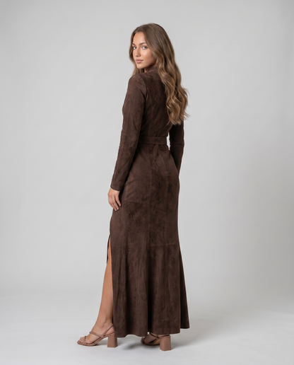ALMA-Vestido largo marrón con cinturón