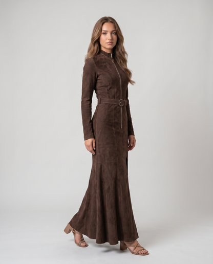 ALMA-Vestido largo marrón con cinturón