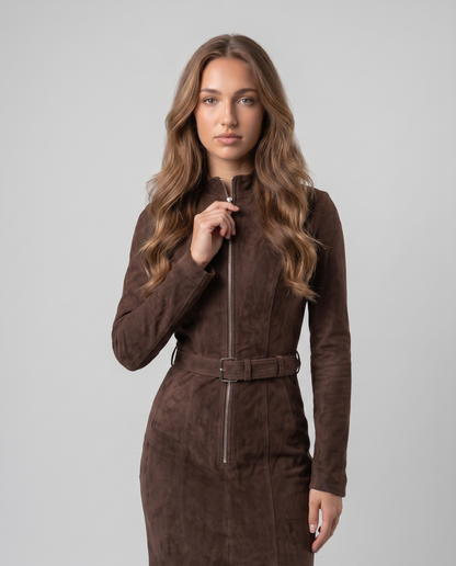ALMA-Vestido largo marrón con cinturón