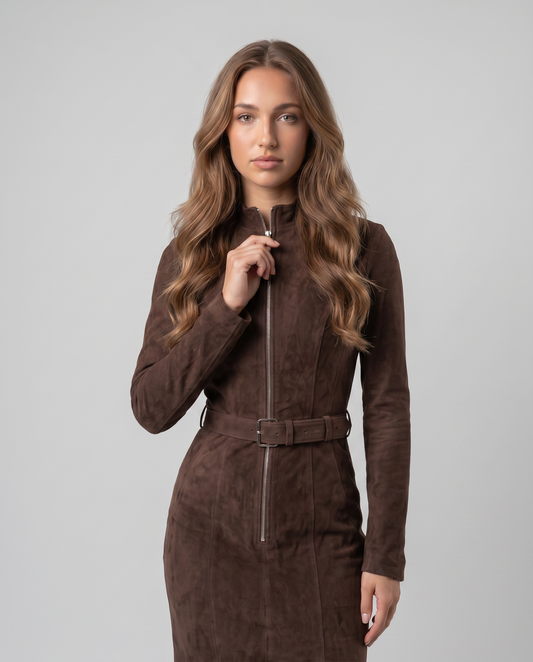 ALMA-Vestido largo marrón con cinturón