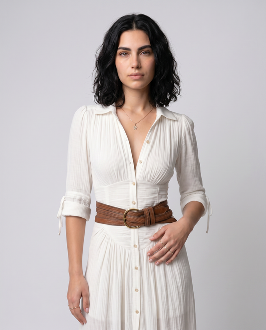 GABRIELA-Vestido Largo de Lino con Cuello Invertido