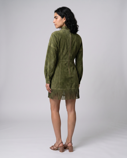 SIRA-Vestido de ante con cuello alto y flecos