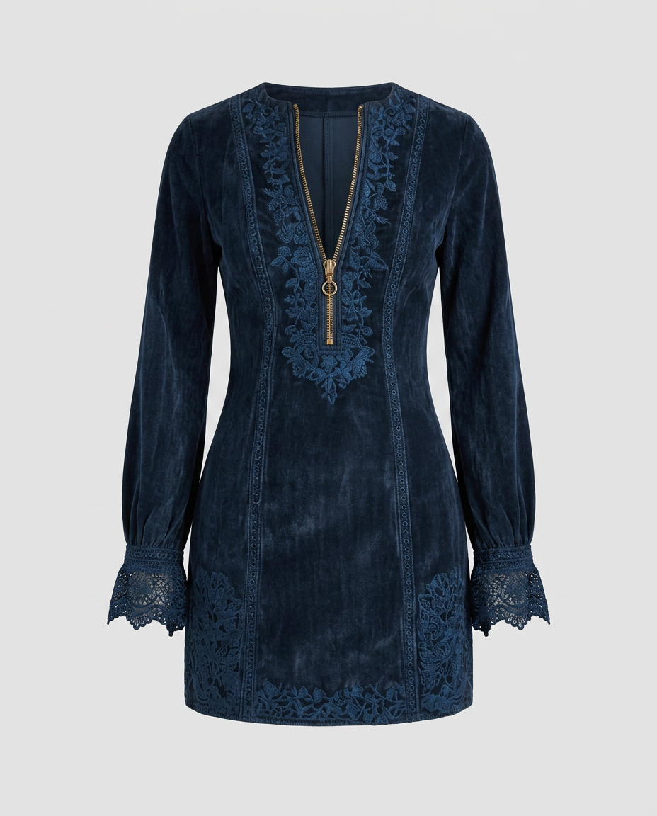 BLUEVA-Vestido Vintage de ante con encaje