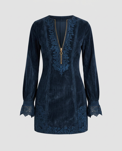 BLUEVA-Vestido Vintage de ante con encaje