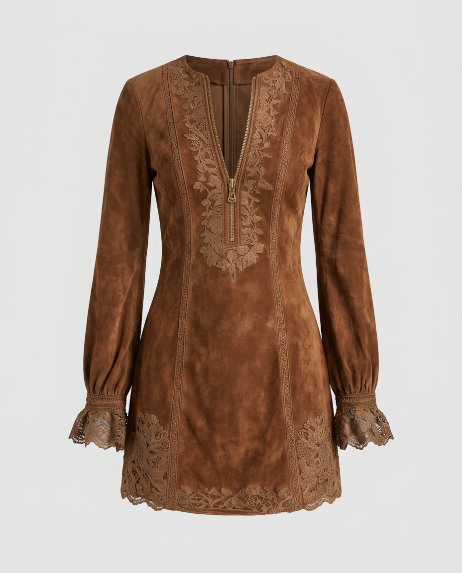 BLUEVA-Vestido Vintage de ante con encaje