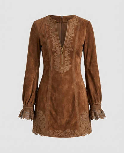 BLUEVA-Vestido Vintage de ante con encaje