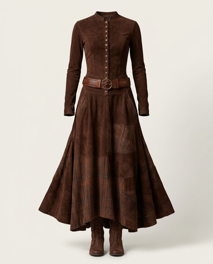 HELENA-Vestido Vintage de ante con cinturón