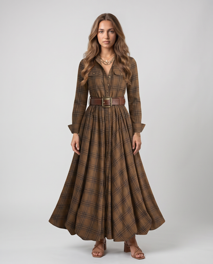 VERA-Vestido largo de cuadros con cinturón