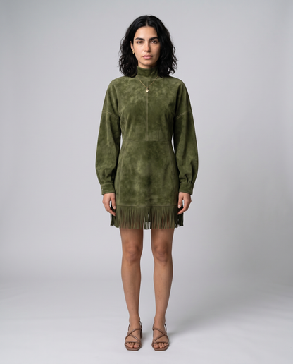 SIRA-Vestido de ante con cuello alto y flecos