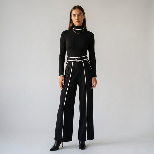 EMMA-Conjunto elegante de dos piezas con cuello alto y pantalón ancho