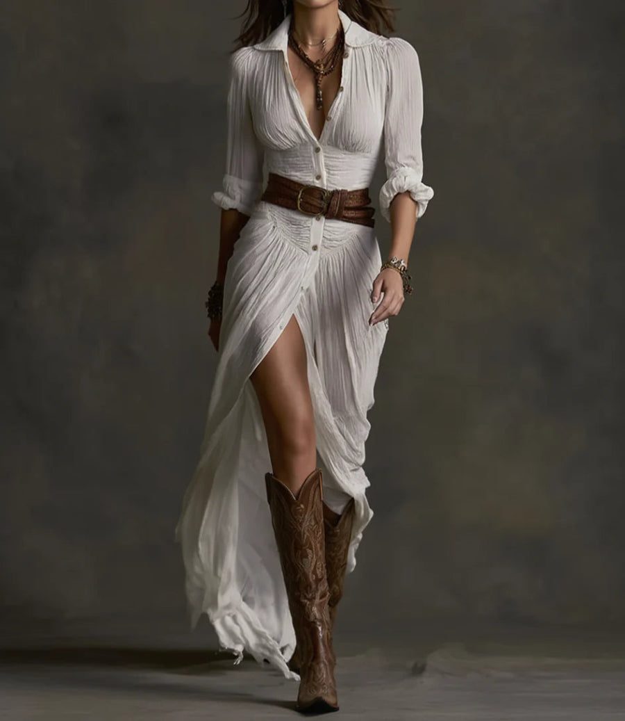 GABRIELA-Vestido Largo de Lino con Cuello Invertido