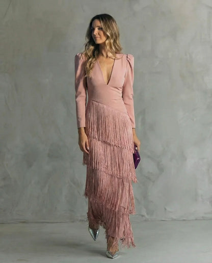 CLARA-Vestido elegante con mangas de flecos